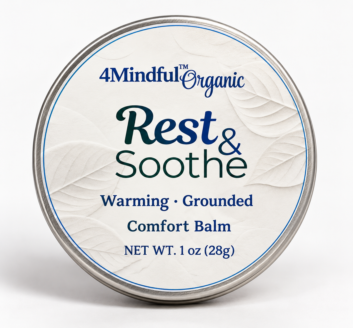 Rest & Soothe health and wellness supplement by 4Mindful Organic LLC, featuring herbal ingredients in a clear glass jar with label.
