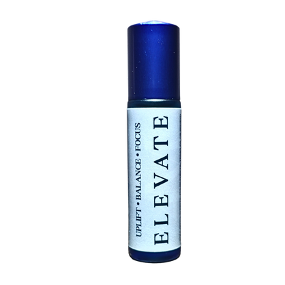 Aromatic roll-on labeled Elevate by 4Mindful Organic LLC, featuring a sleek glass bottle with a rollerball applicator.