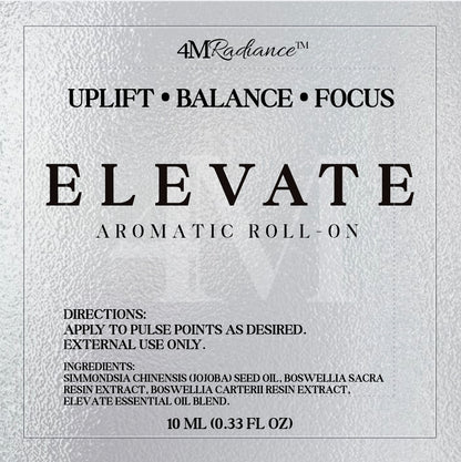 Elevate Aromatic Roll-On by 4Mindful Organic LLC features a sleek glass bottle with a rollerball applicator for health and wellness.