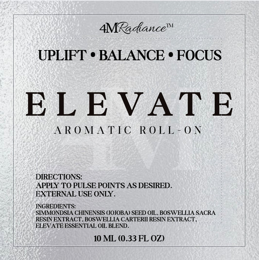 Elevate Aromatic Roll-On by 4Mindful Organic LLC features a sleek glass bottle with a rollerball applicator for health and wellness.