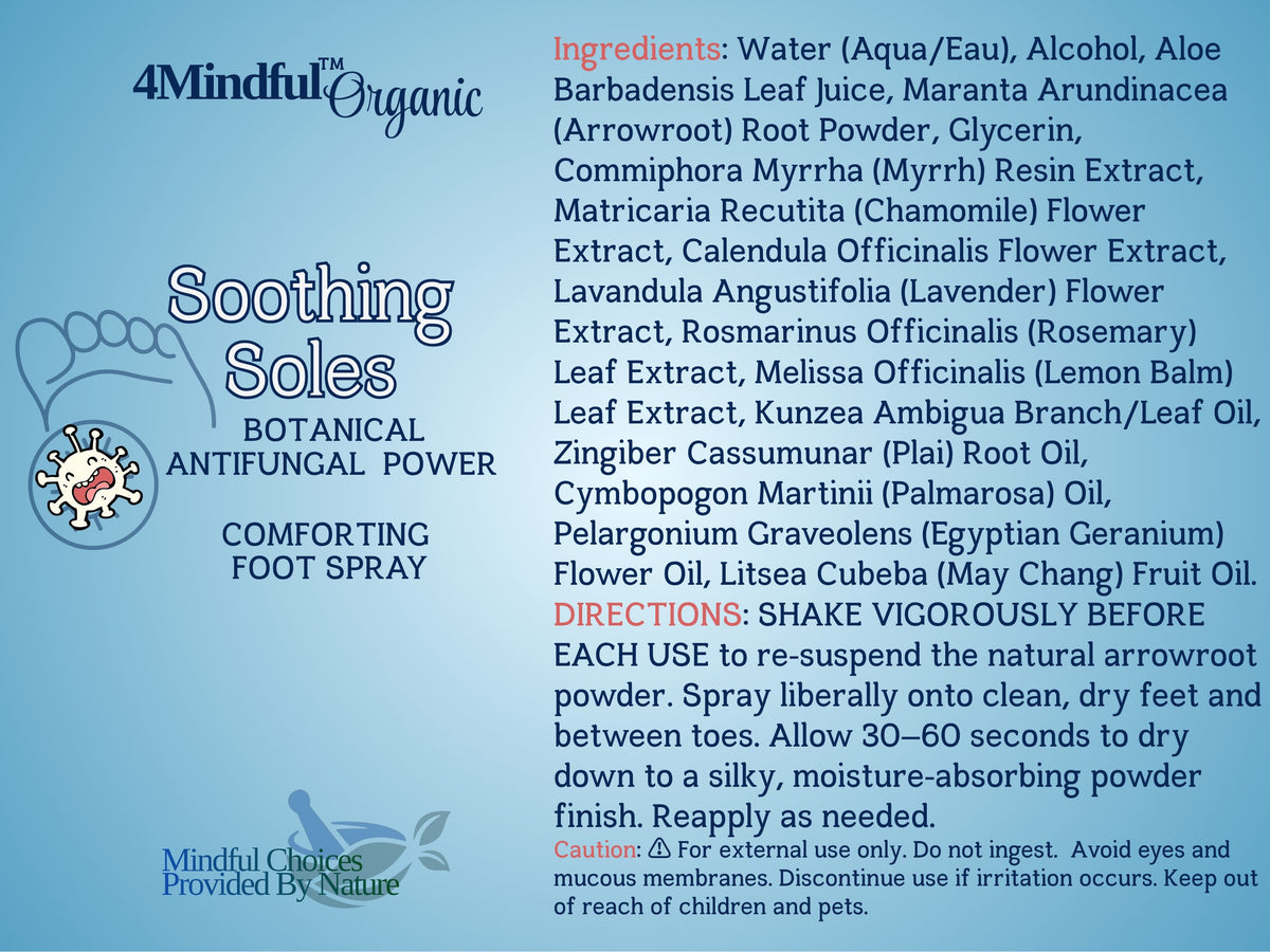 4Mindful Organic LLC Soothing Soles Foot Spray bottle with spray nozzle, featuring natural ingredients for skincare and foot comfort.
